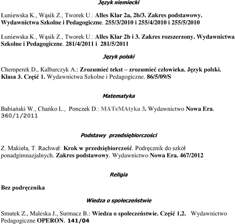 Wydawnictwa Szkolne i Pedagogiczne. 86/5/09/S Matematyka Babiański W., Chańko L., Ponczek D.: MATeMAtyka 3. Wydawnictwo Nowa Era. 360/1/2011 Podstawy przedsiębiorczości Z. Makieła, T.