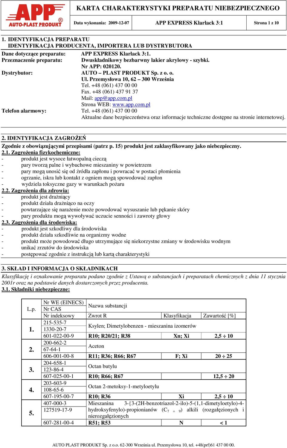 +48 (061) 437 00 00 Fax. +48 (061) 437 91 37 Mail: app@app.com.pl Strona WEB: www.app.com.pl Telefon alarmowy: Tel.