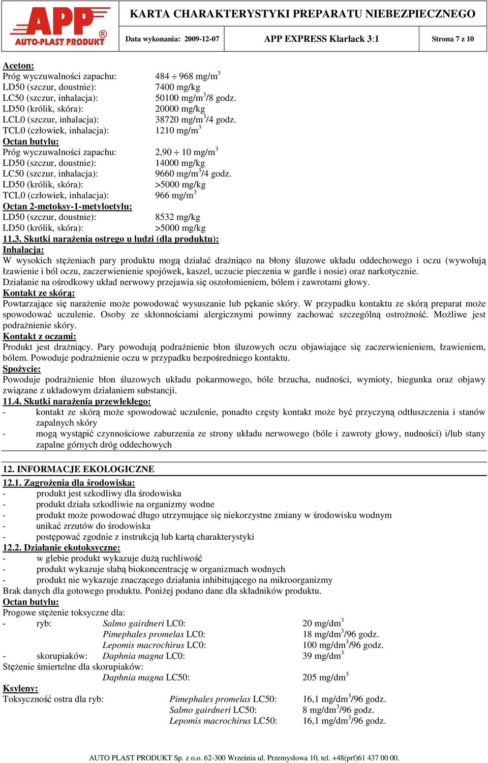 TCL0 (człowiek, inhalacja): 1210 mg/m 3 Octan butylu: Próg wyczuwalności zapachu: 2,90 10 mg/m 3 LD50 (szczur, doustnie): 14000 mg/kg LC50 (szczur, inhalacja): 9660 mg/m 3 /4 godz.