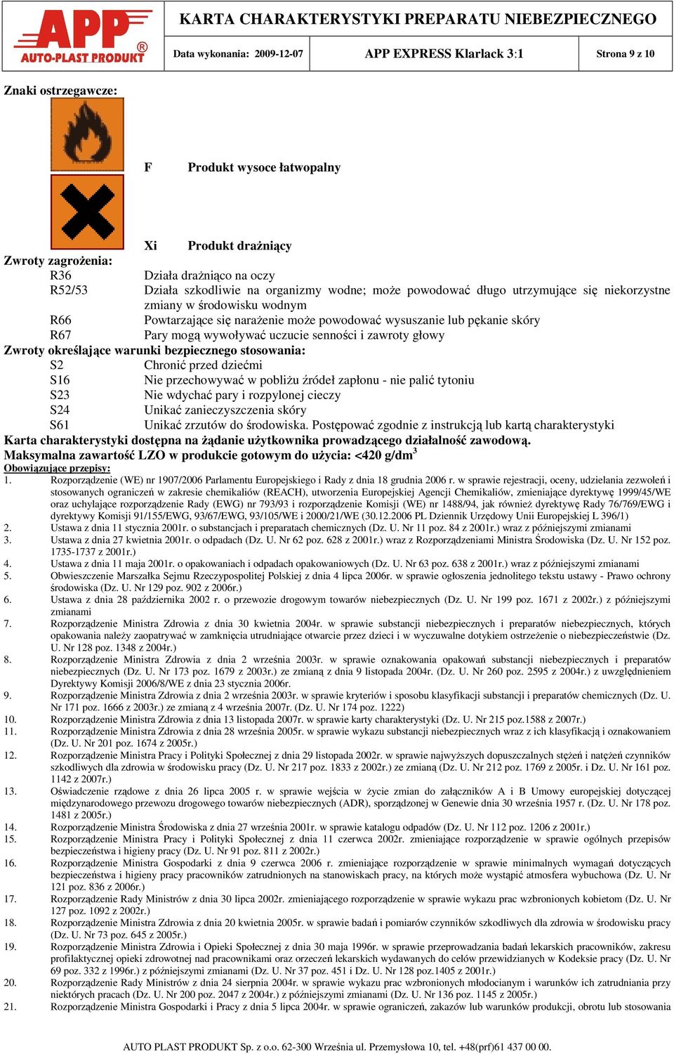 wywoływać uczucie senności i zawroty głowy Zwroty określające warunki bezpiecznego stosowania: S2 Chronić przed dziećmi S16 Nie przechowywać w pobliŝu źródeł zapłonu - nie palić tytoniu S23 Nie