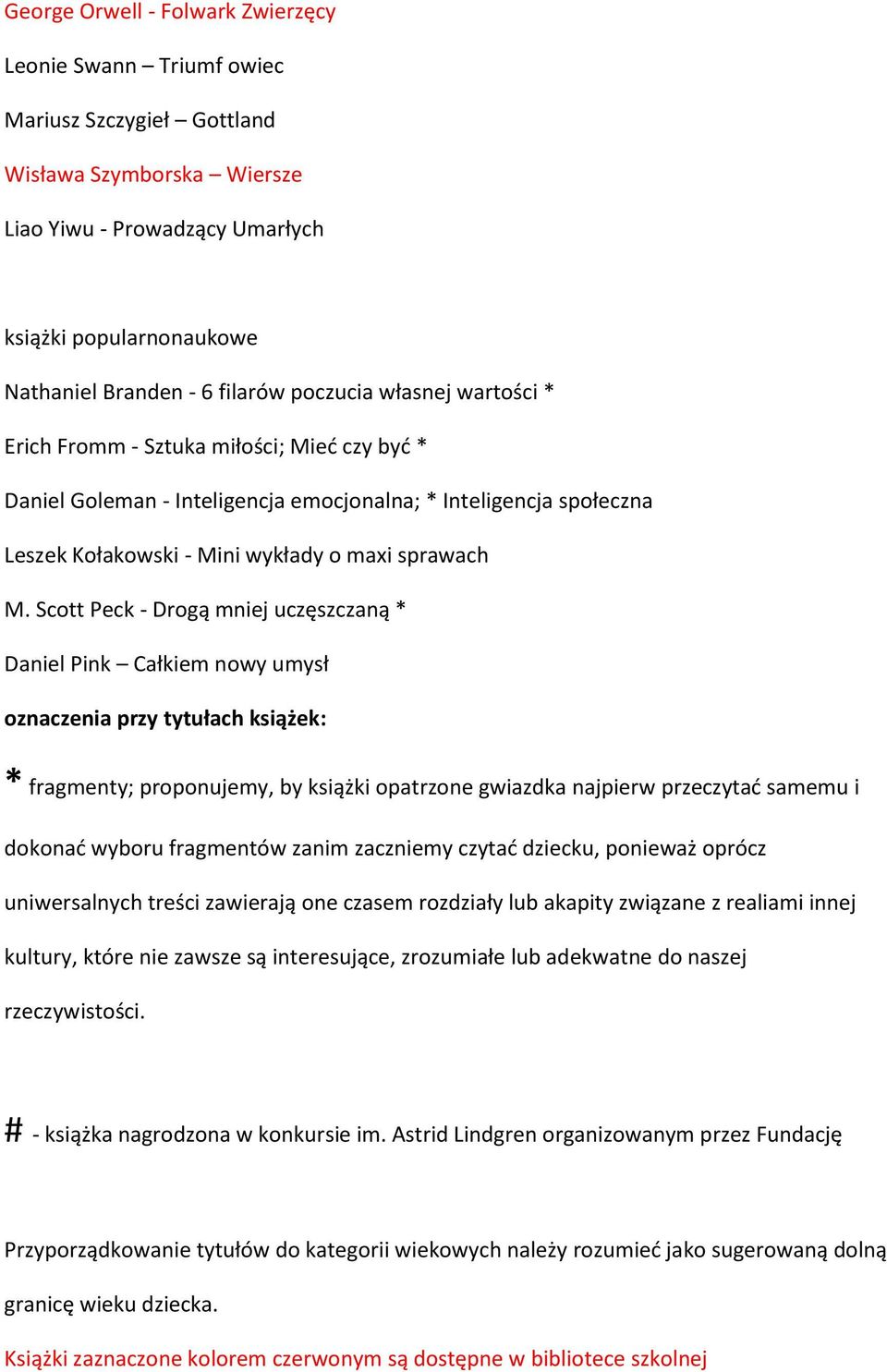 Scott Peck - Drogą mniej uczęszczaną * Daniel Pink Całkiem nowy umysł oznaczenia przy tytułach książek: * fragmenty; proponujemy, by książki opatrzone gwiazdka najpierw przeczytać samemu i dokonać