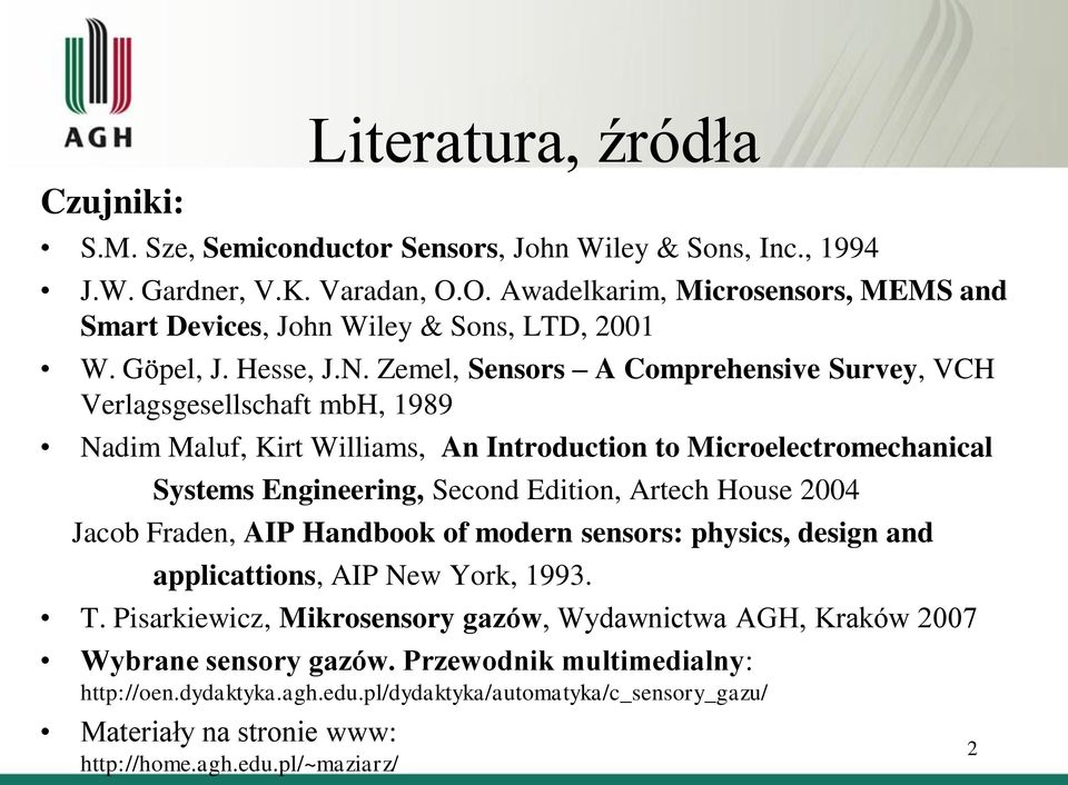 Zemel, Sensors A Comprehensive Survey, VCH Verlagsgesellschaft mbh, 1989 Nadim Maluf, Kirt Williams, An Introduction to Microelectromechanical Systems Engineering, Second Edition, Artech House