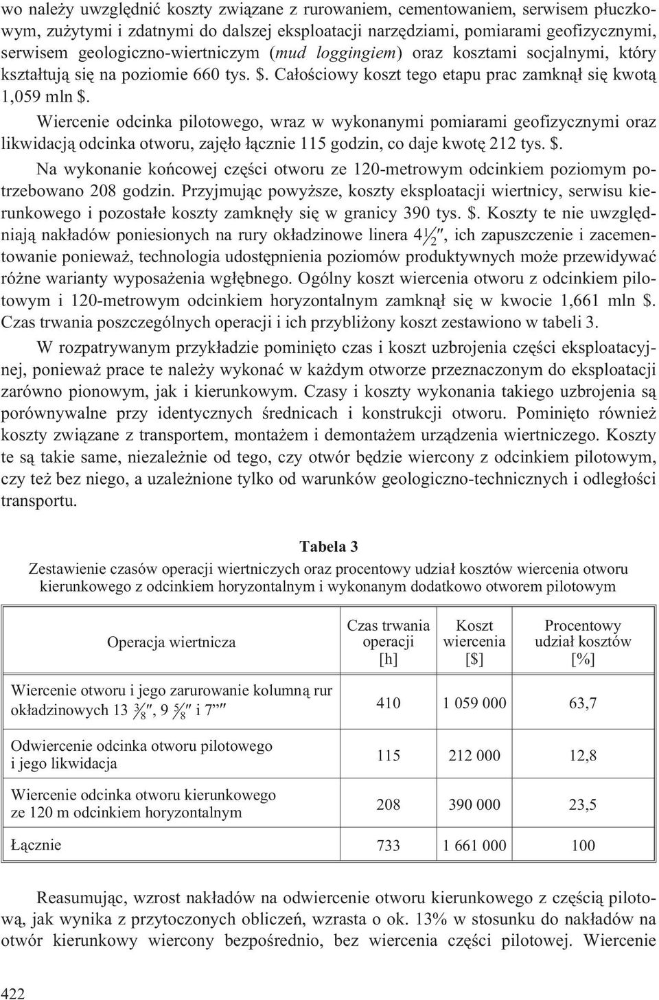 Wiercenie odcinka pilotowego, wraz w wykonanymi pomiarami geofizycznymi oraz likwidacj¹ odcinka otworu, zajê³o ³¹cznie 115 godzin, co daje kwotê 212 tys. $.