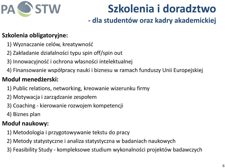 networking, kreowanie wizerunku firmy 2) Motywacja i zarządzanie zespołem 3) Coaching kierowanie rozwojem kompetencji 4) Biznes plan Moduł naukowy: 1) Metodologia i