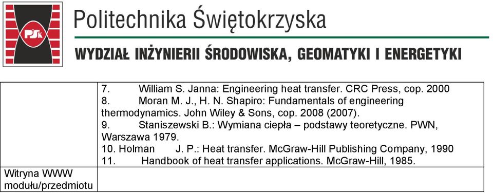 2008 (2007). 9. Staniszewski B.: Wymiana ciepła podstawy teoretyczne. PWN, Warszawa 1979. 10. Holman J.