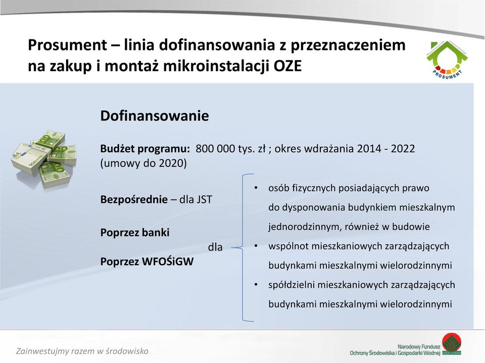 zł ; okres wdrażania 2014-2022 (umowy do 2020) Bezpośrednie dla JST Poprzez banki dla Poprzez WFOŚiGW osób fizycznych