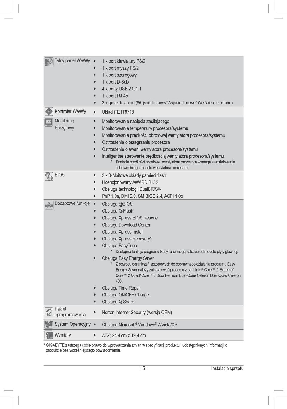 procesora/systemu Monitorowanie prędkości obrotowej wentylatora procesora/systemu Ostrzeżenie o przegrzaniu procesora Ostrzeżenie o awarii wentylatora procesora/systemu Inteligentne sterowanie