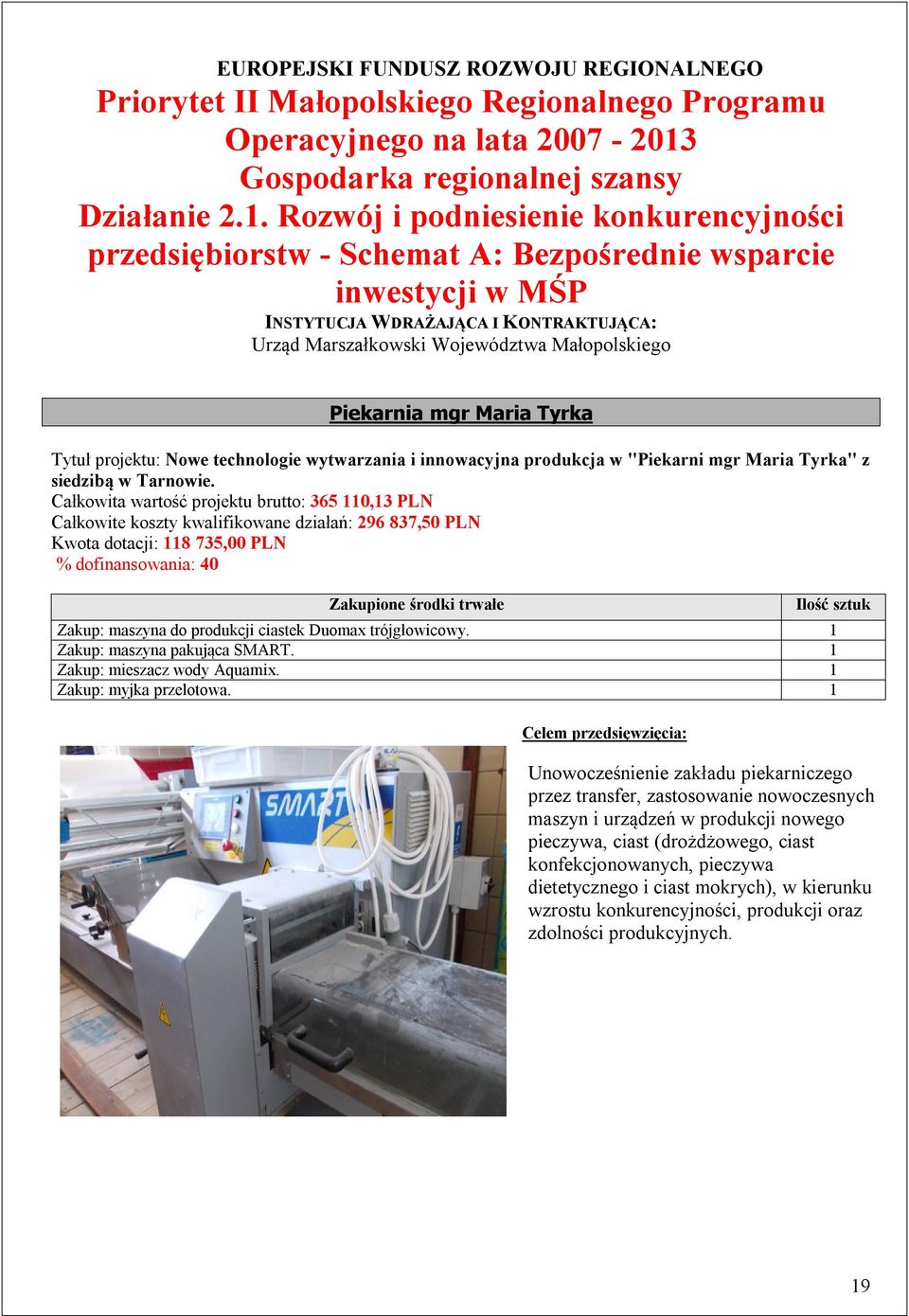 Rozwój i podniesienie konkurencyjności przedsiębiorstw - Schemat A: Bezpośrednie wsparcie inwestycji w MŚP Urząd Marszałkowski Województwa Małopolskiego Piekarnia mgr Maria Tyrka Tytuł projektu: Nowe