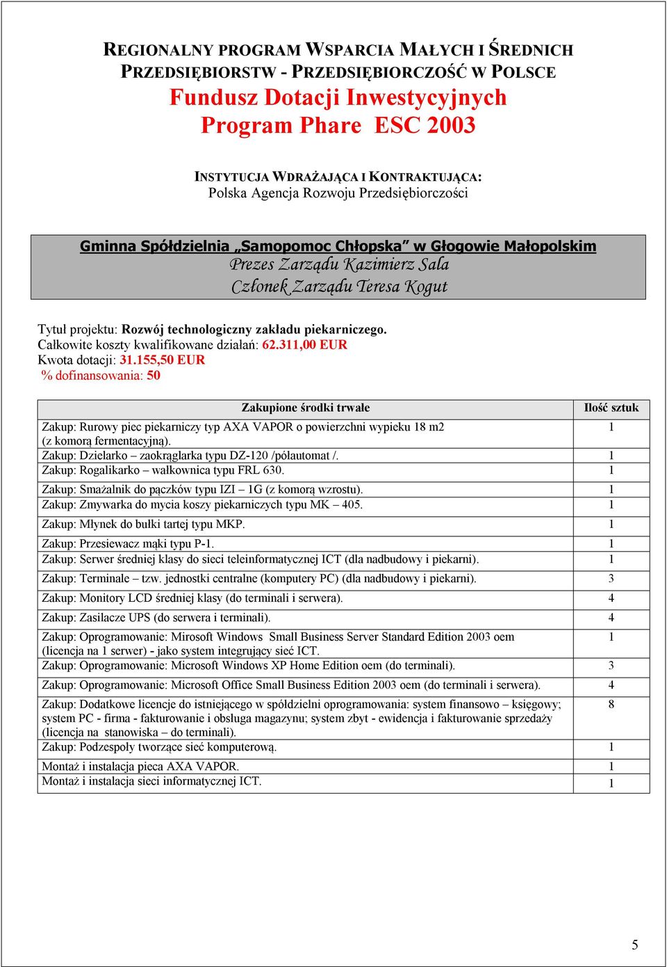 Całkowite koszty kwalifikowane działań: 62.311,00 EUR Kwota dotacji: 31.