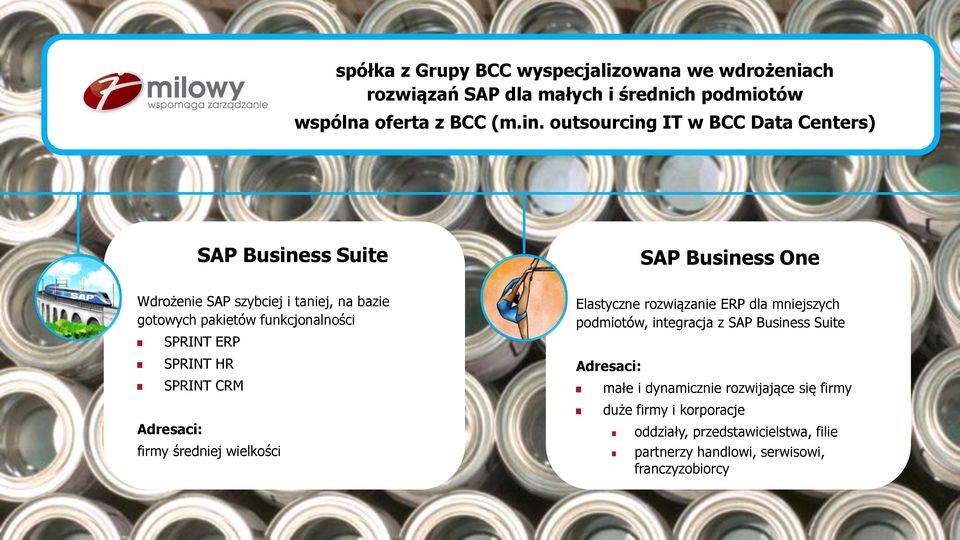 SPRINT ERP SPRINT HR SPRINT CRM Adresaci: firmy średniej wielkości Elastyczne rozwiązanie ERP dla mniejszych podmiotów, integracja z SAP Business