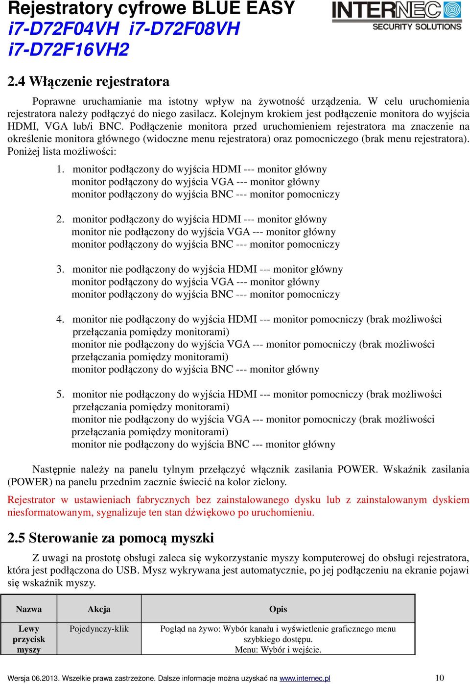 Podłączenie monitora przed uruchomieniem rejestratora ma znaczenie na określenie monitora głównego (widoczne menu rejestratora) oraz pomocniczego (brak menu rejestratora). Poniżej lista możliwości: 1.