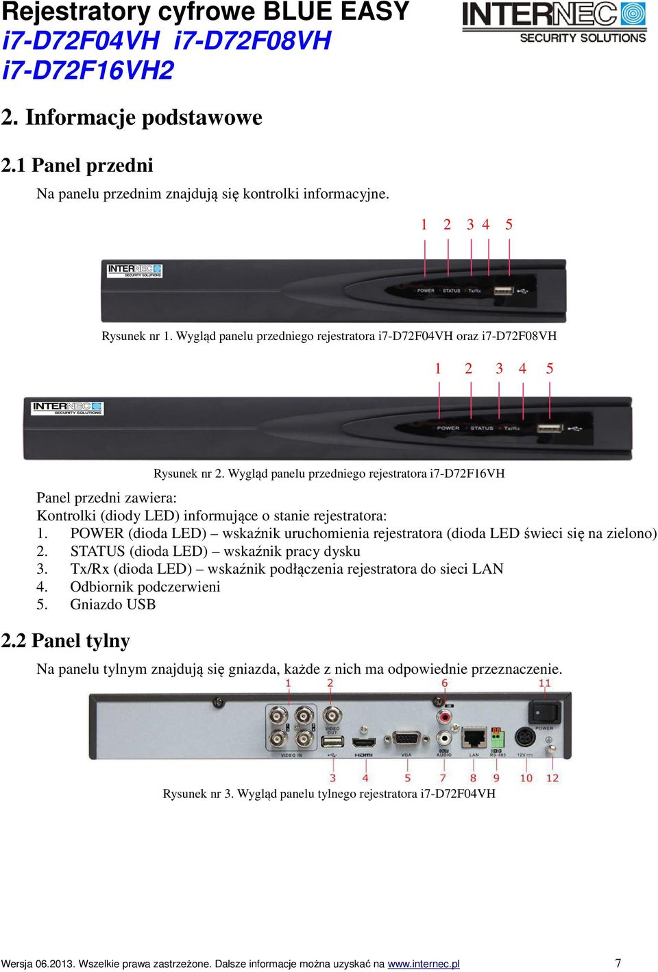 Wygląd panelu przedniego rejestratora i7-d72f16vh Panel przedni zawiera: Kontrolki (diody LED) informujące o stanie rejestratora: 1.