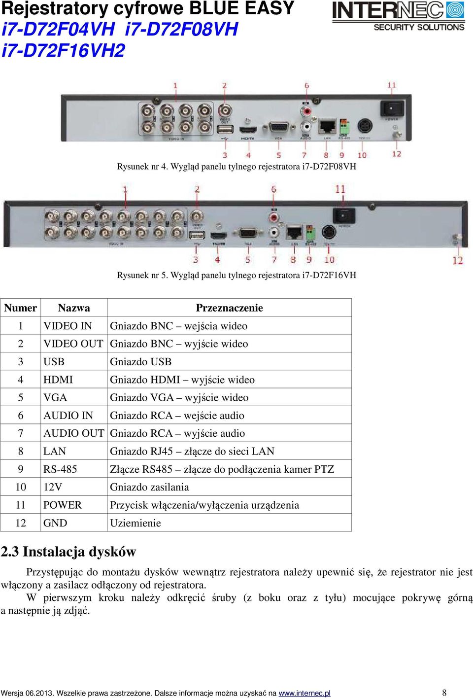 5 VGA Gniazdo VGA wyjście wideo 6 AUDIO IN Gniazdo RCA wejście audio 7 AUDIO OUT Gniazdo RCA wyjście audio 8 LAN Gniazdo RJ45 złącze do sieci LAN 9 RS-485 Złącze RS485 złącze do podłączenia kamer PTZ