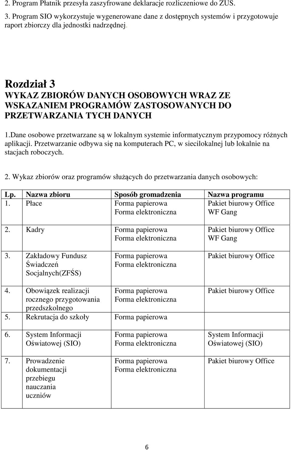 Dane osobowe przetwarzane są w lokalnym systemie informatycznym przypomocy różnych aplikacji. Przetwarzanie odbywa się na komputerach PC, w siecilokalnej lub lokalnie na stacjach roboczych. 2.