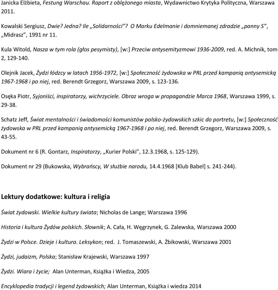 Olejnik Jacek, Żydzi łódzcy w latach 1956-1972, [w:] Społeczność żydowska w PRL przed kampanią antysemicką 1967-1968 i po niej, red. Berendt Grzegorz, Warszawa 2009, s. 123-136.