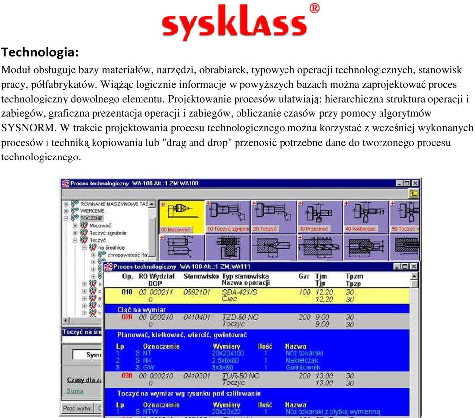 Projektowanie procesów ułatwiają: hierarchiczna struktura operacji i zabiegów, graficzna prezentacja operacji i zabiegów, obliczanie czasów przy pomocy