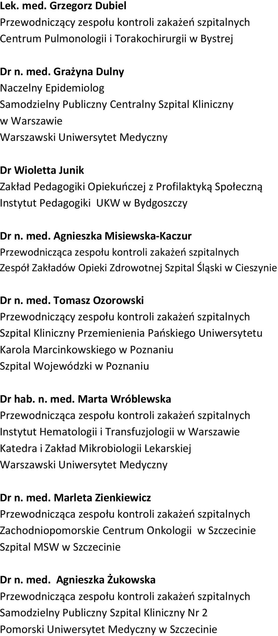 Grażyna Dulny Naczelny Epidemiolog Samodzielny Publiczny Centralny Szpital Kliniczny w Warszawie Warszawski Uniwersytet Medyczny Dr Wioletta Junik Zakład Pedagogiki Opiekuńczej z Profilaktyką