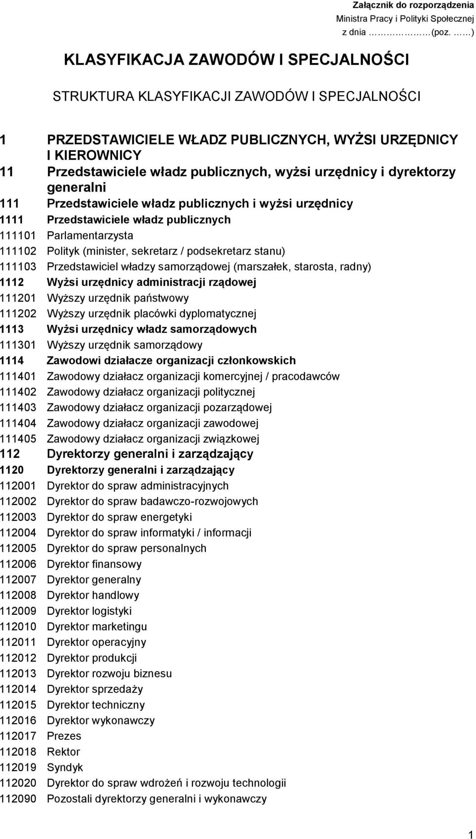 urzędnicy i dyrektorzy generalni 111 Przedstawiciele władz publicznych i wyżsi urzędnicy 1111 Przedstawiciele władz publicznych 111101 Parlamentarzysta 111102 Polityk (minister, sekretarz /