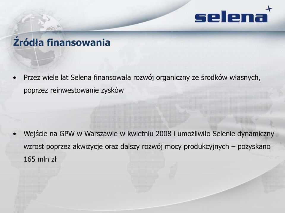 na GPW w Warszawie w kwietniu 2008 i umożliwiło Selenie dynamiczny