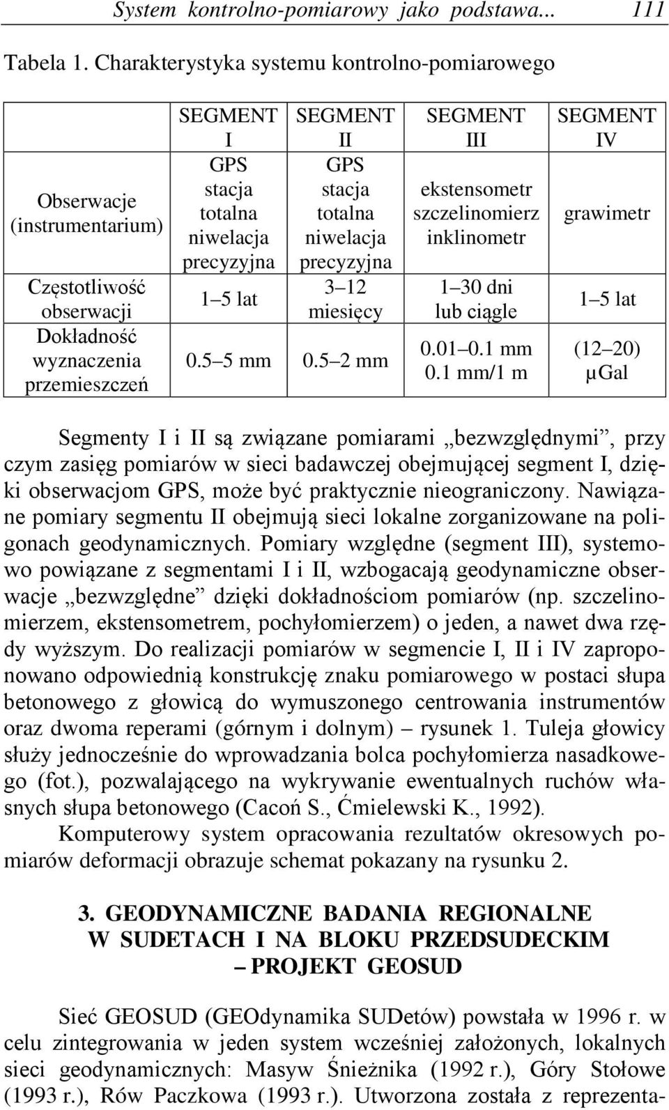 SEGMENT II GPS stacja totalna niwelacja precyzyjna 3 12 miesięcy 0.5 5 mm 0.5 2 mm SEGMENT III ekstensometr szczelinomierz inklinometr 1 30 dni lub ciągle 0.01 0.1 mm 0.