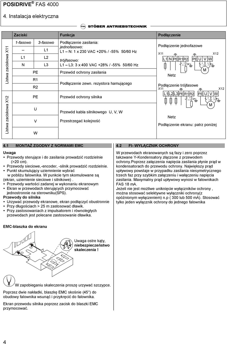 rezystora hamującego Przewód ochrony silnika Przewód kabla silnikowego U, V, W Przestrzegać kolejność Podłączenie jednofazowe X11 L1 N PE R1 R2 Netz PE U V W M X12 Podłączenie trójfasowe X11 X12 L1