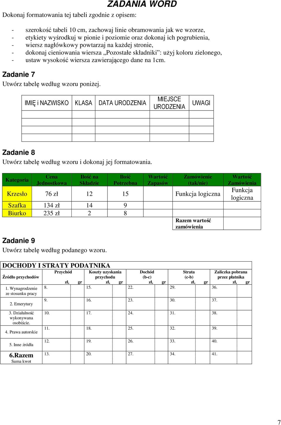 Zadanie 7 Utwórz tabelę według wzoru poniżej. IMIĘ i NAZWISKO KLASA DATA URODZENIA MIEJSCE URODZENIA UWAGI Zadanie 8 Utwórz tabelę według wzoru i dokonaj jej formatowania.