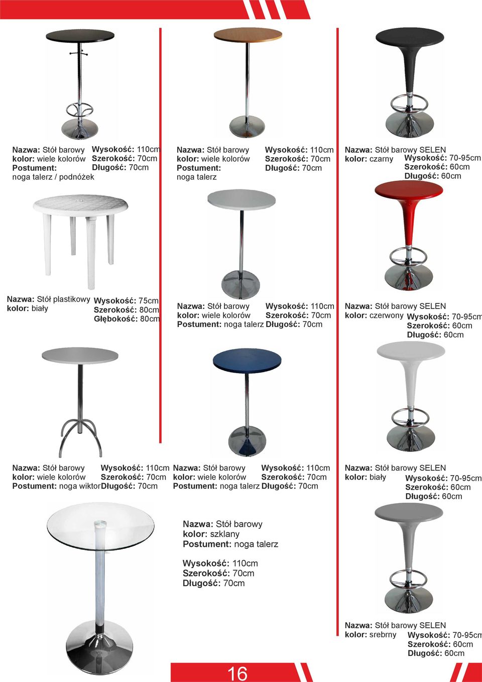 talerz Wysokość: 110cm Szerokość: 70cm Długość: 70cm Stół barowy SELEN kolor: czerwony Wysokość: 70-95cm Długość: 60cm Stół barowy Wysokość: 110cm Stół barowy Wysokość: 110cm kolor: wiele kolorów