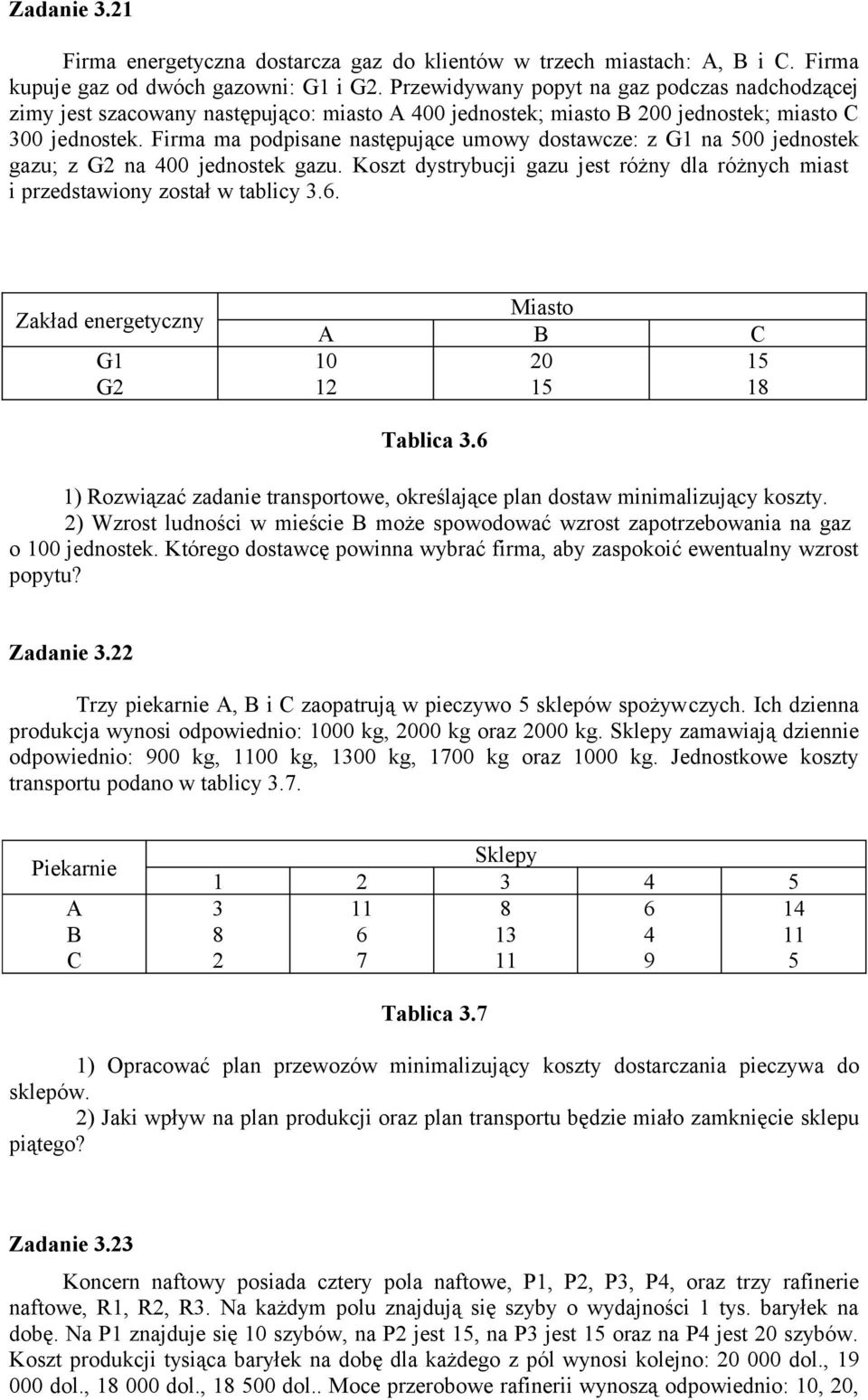 Firma ma podpisane następujące umowy dostawcze: z G1 na 5 jednostek gazu; z G2 na 4 jednostek gazu. Koszt dystrybucji gazu jest różny dla różnych miast i przedstawiony został w tablicy 3.6.