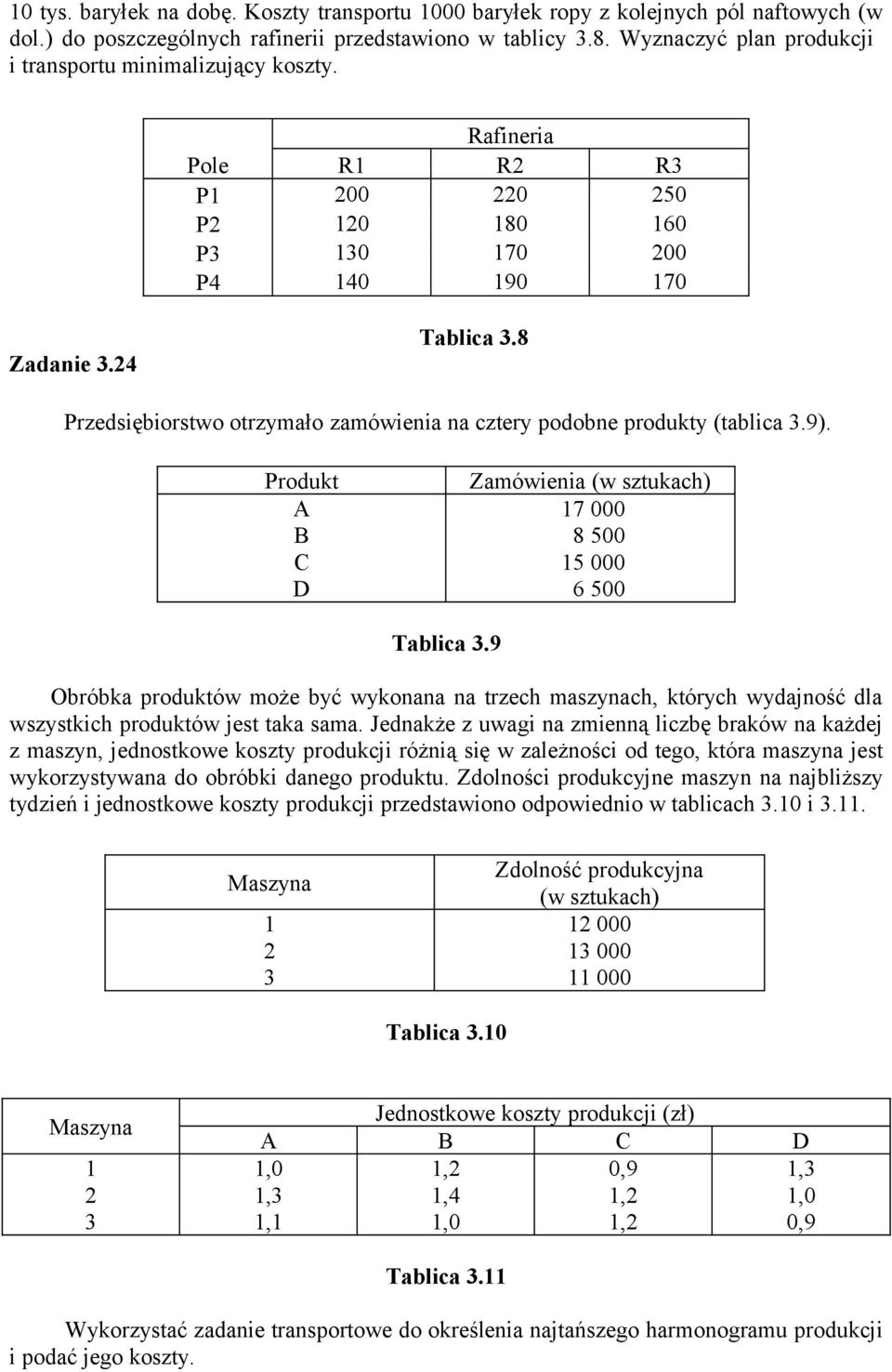 8 Przedsiębiorstwo otrzymało zamówienia na cztery podobne produkty (tablica 3.9). Produkt A B C D Zamówienia (w sztukach) 17 8 5 15 6 5 Tablica 3.