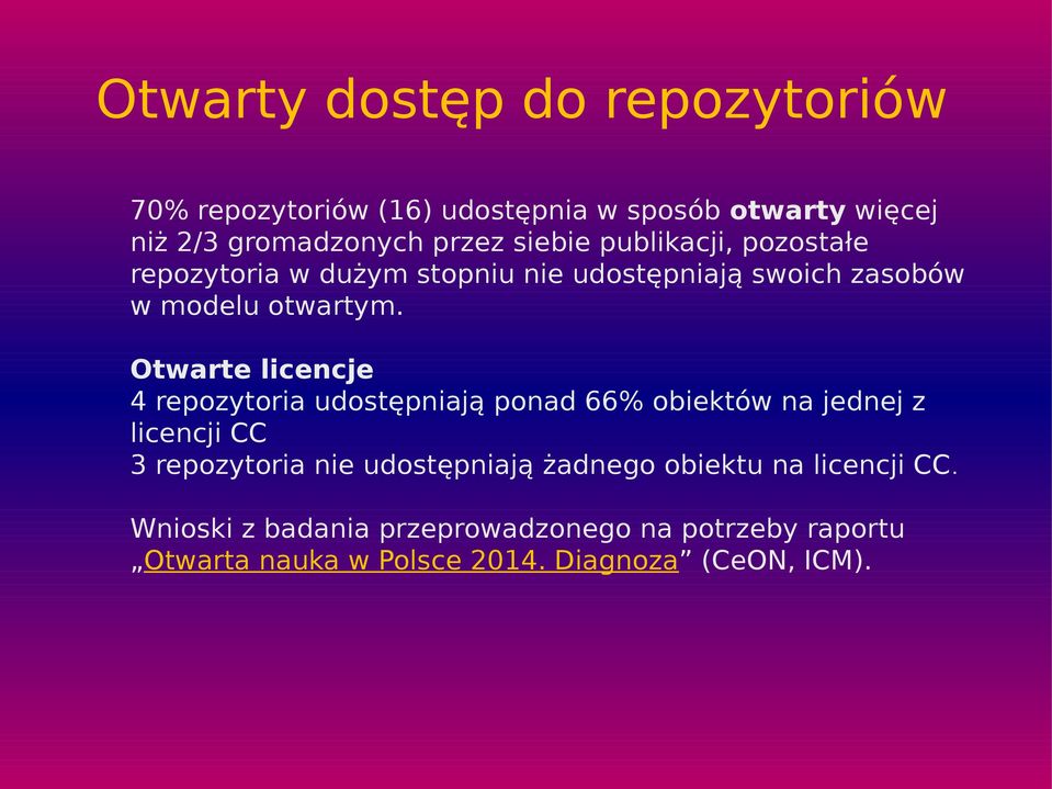 Otwarte licencje 4 repozytoria udostępniają ponad 66% obiektów na jednej z licencji CC 3 repozytoria nie udostępniają