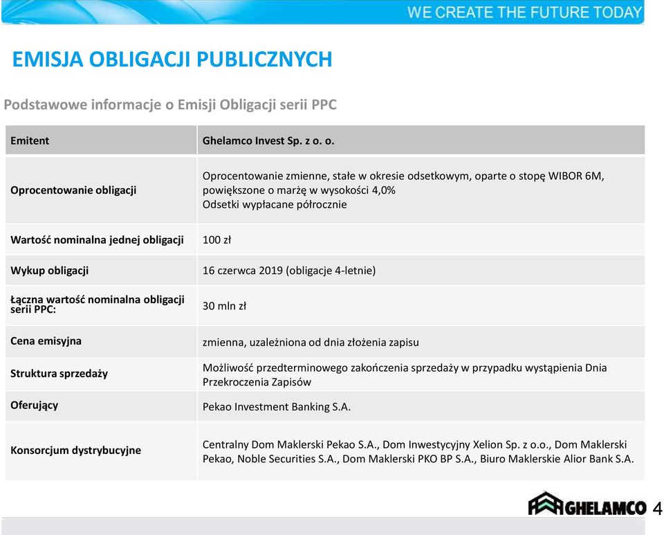 o. Oprocentowanie obligacji Oprocentowanie zmienne, stałe w okresie odsetkowym, oparte o stopę WIBOR 6M, powiększone o marżę w wysokości 4,0% Odsetki wypłacane półrocznie Wartość nominalna jednej