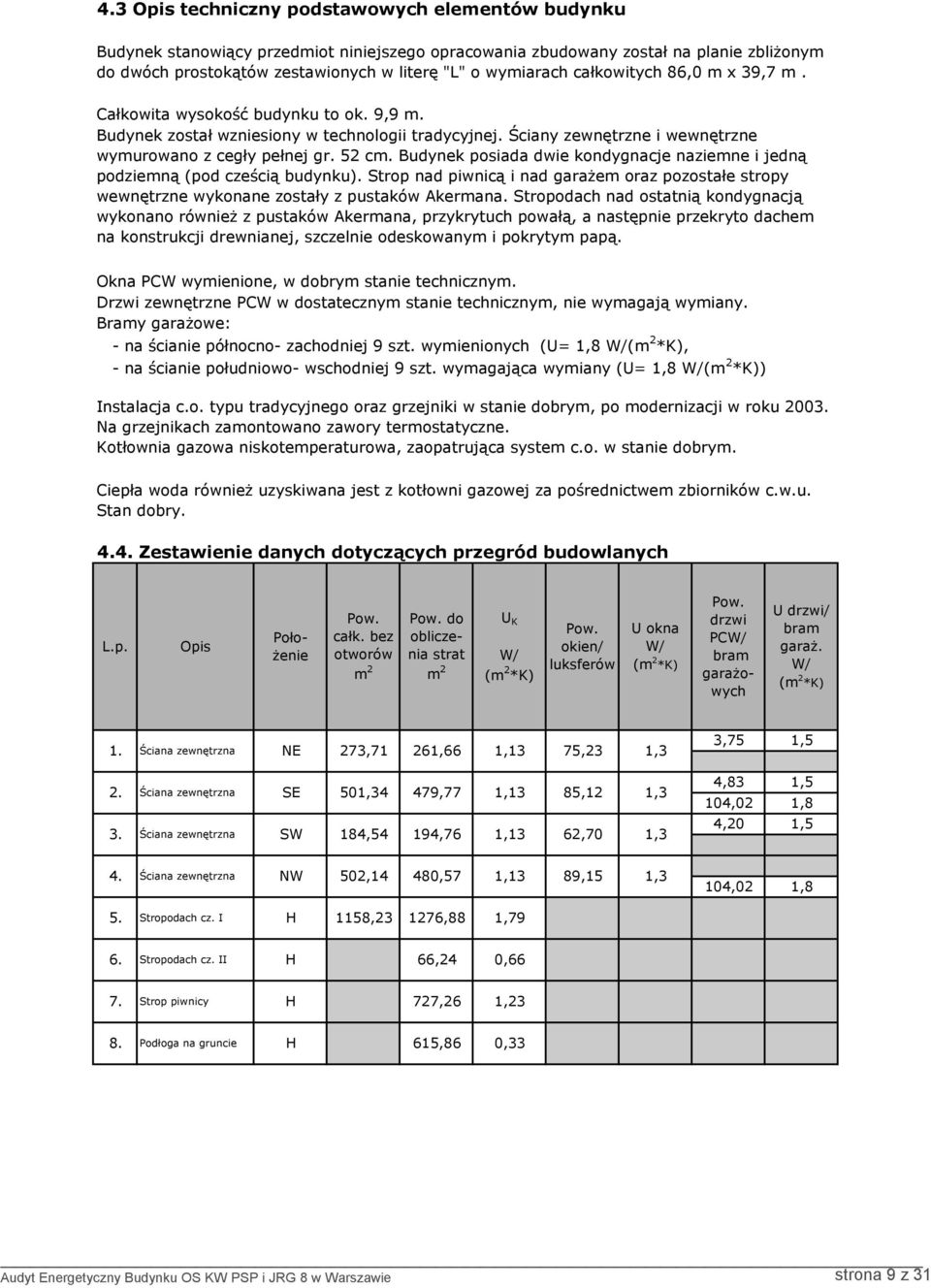 Budynek posiada dwie kondygnacje naziemne i jedną podziemną (pod cześcią budynku). Strop nad piwnicą i nad garażem oraz pozostałe stropy wewnętrzne wykonane zostały z pustaków Akermana.