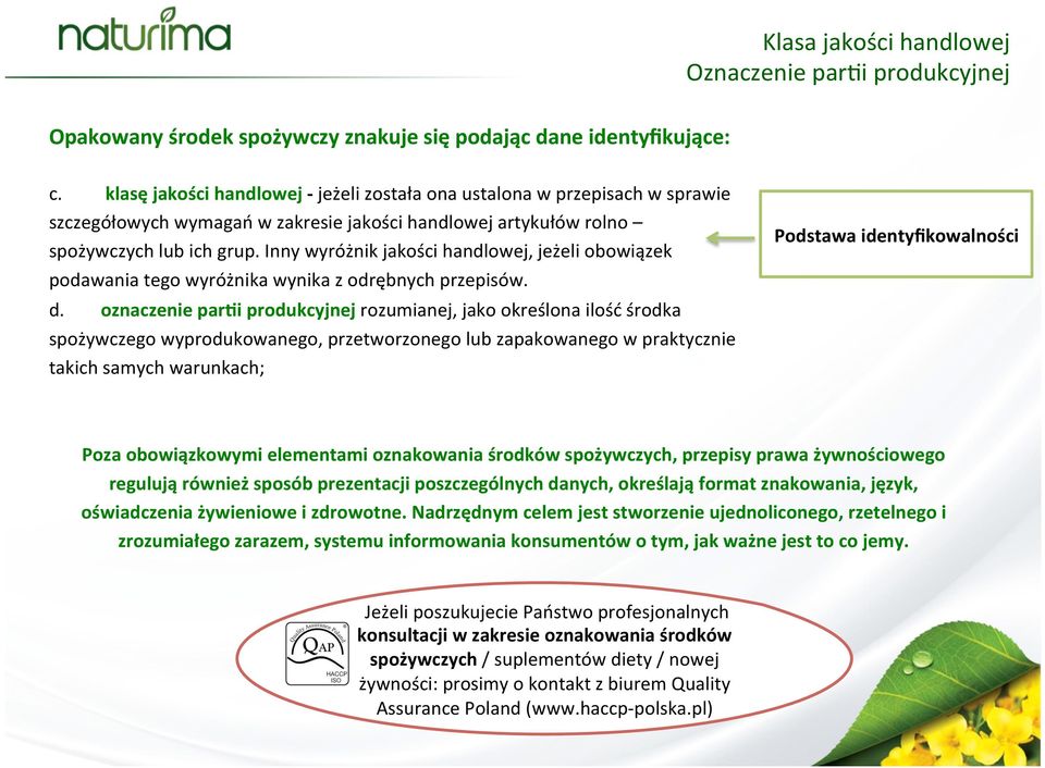 Inny wyróżnik jakości handlowej, jeżeli obowiązek podawania tego wyróżnika wynika z odrębnych przepisów. d.