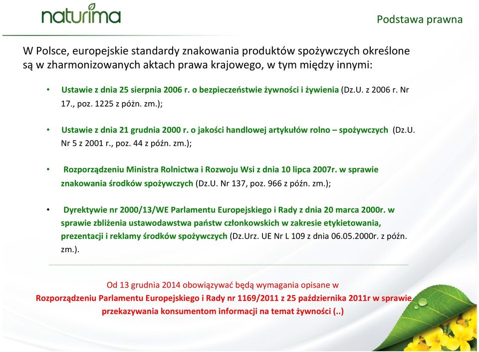 zm.); Rozporządzeniu Ministra Rolnictwa i Rozwoju Wsi z dnia 10 lipca 2007r. w sprawie znakowania środków spożywczych (Dz.U. Nr 137, poz. 966 z późn. zm.