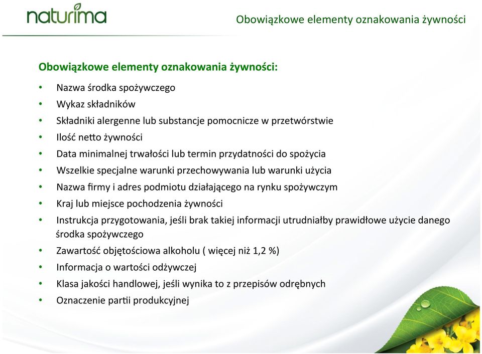 podmiotu działającego na rynku spożywczym Kraj lub miejsce pochodzenia żywności Instrukcja przygotowania, jeśli brak takiej informacji utrudniałby prawidłowe użycie danego środka