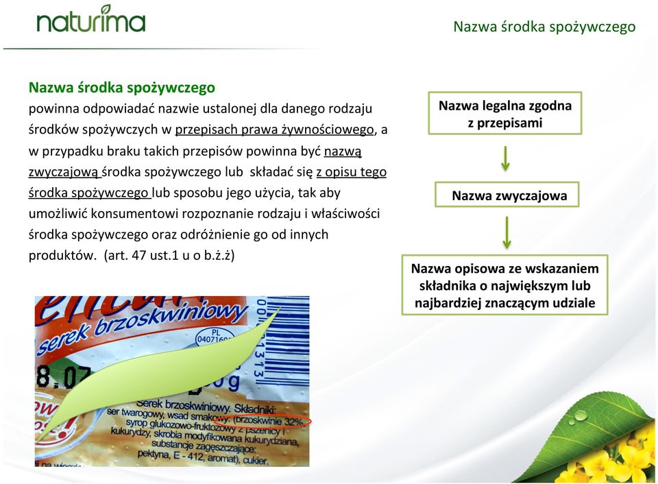lub sposobu jego użycia, tak aby umożliwić konsumentowi rozpoznanie rodzaju i właściwości środka spożywczego oraz odróżnienie go od innych produktów.