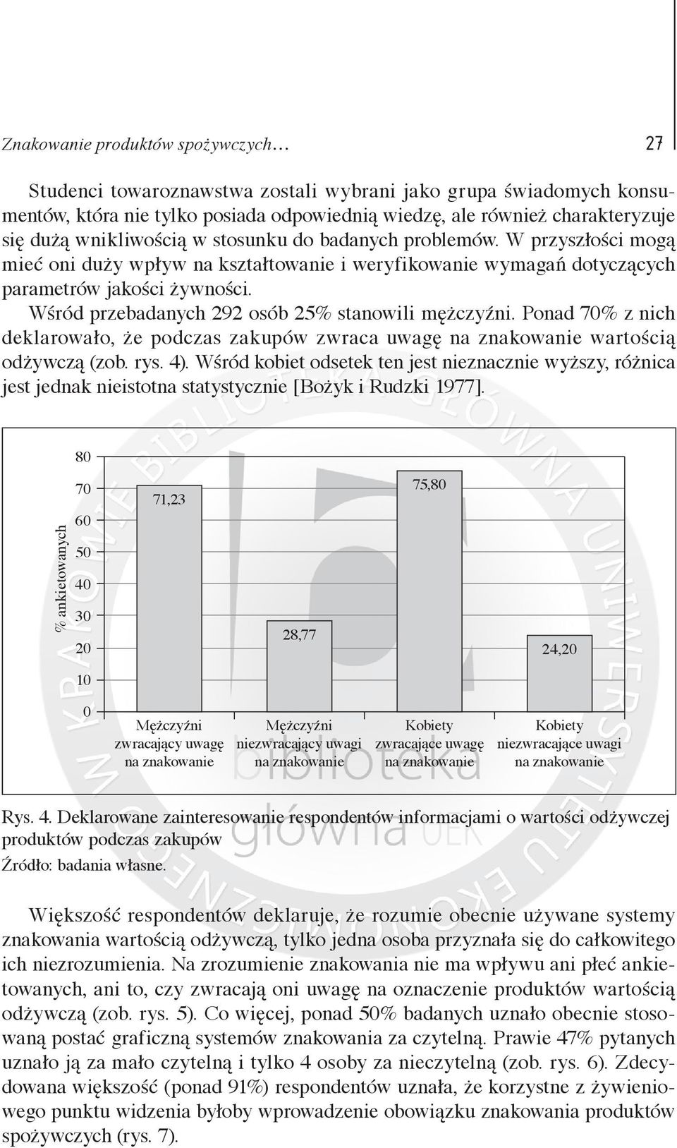 Wśród przebadanych 292 osób 25% stanowili mężczyźni. Ponad 70% z nich deklarowało, że podczas zakupów zwraca uwagę na znakowanie wartością odżywczą (zob. rys. 4).