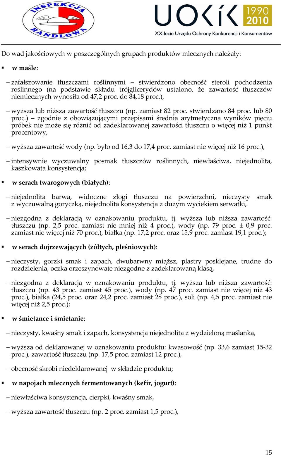 ) zgodnie z obowiązującymi przepisami średnia arytmetyczna wyników pięciu próbek nie może się różnić od zadeklarowanej zawartości tłuszczu o więcej niż 1 punkt procentowy, wyższa zawartość wody (np.