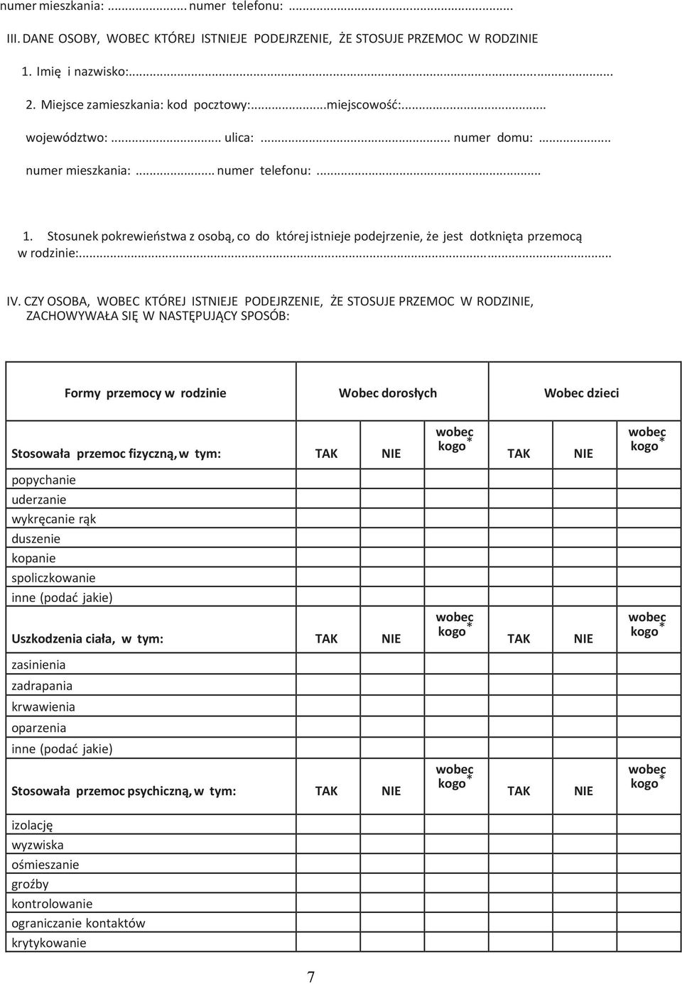 CZY OSOBA, WOBEC KTÓREJ ISTJE PODEJRZE, ŻE STOSUJE PRZEMOC W RODZI, ZACHOWYWAŁA SIĘ W NASTĘPUJĄCY SPOSÓB: Formy przemocy w rodzinie Wobec dorosłych Wobec dzieci Stosowała przemoc fizyczną, w tym: