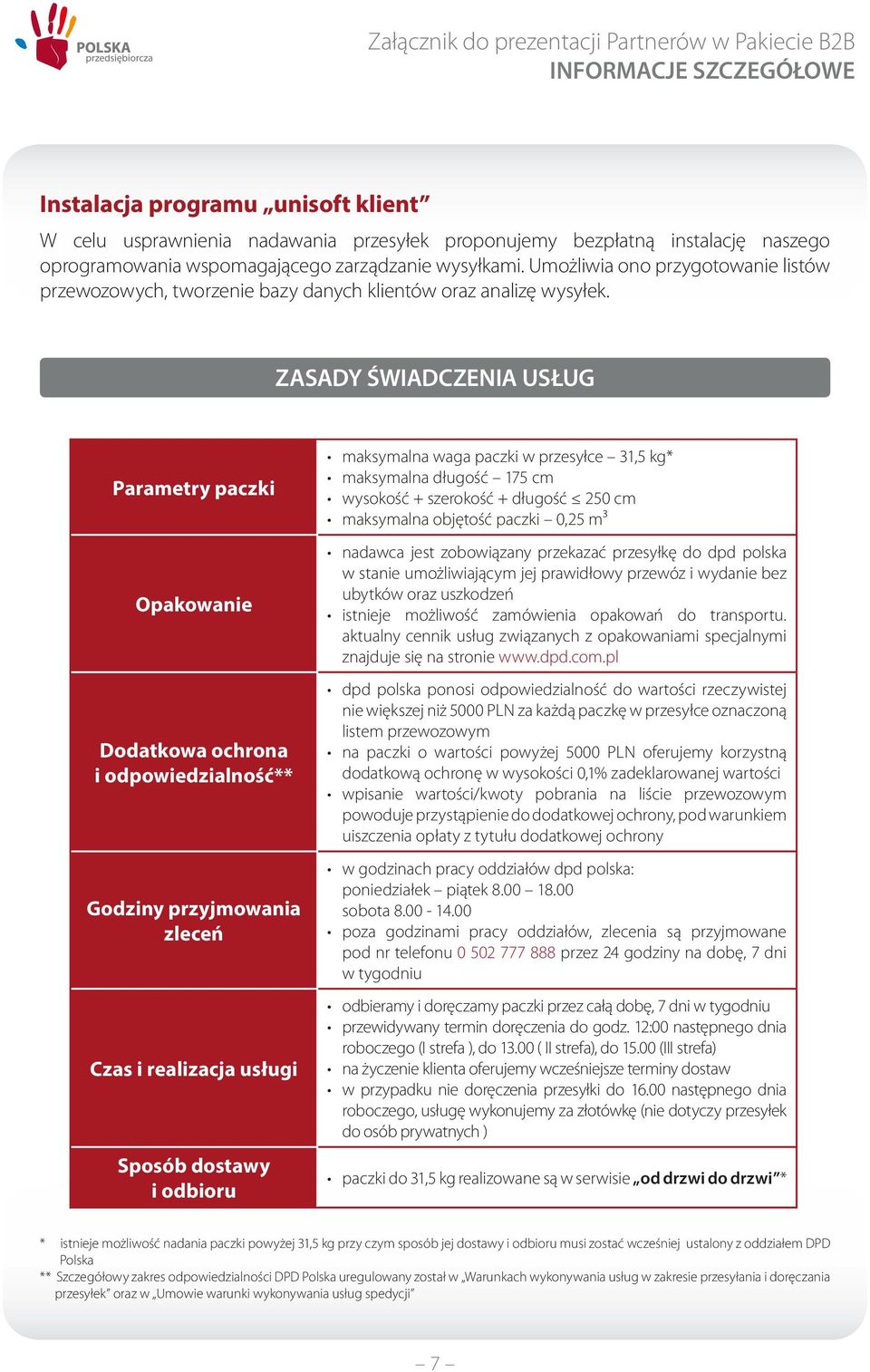 ZASADY ŚWIADCZENIA USŁUG Parametry paczki Opakowanie Dodatkowa ochrona i odpowiedzialność** Godziny przyjmowania zleceń Czas i realizacja usługi Sposób dostawy i odbioru maksymalna waga paczki w