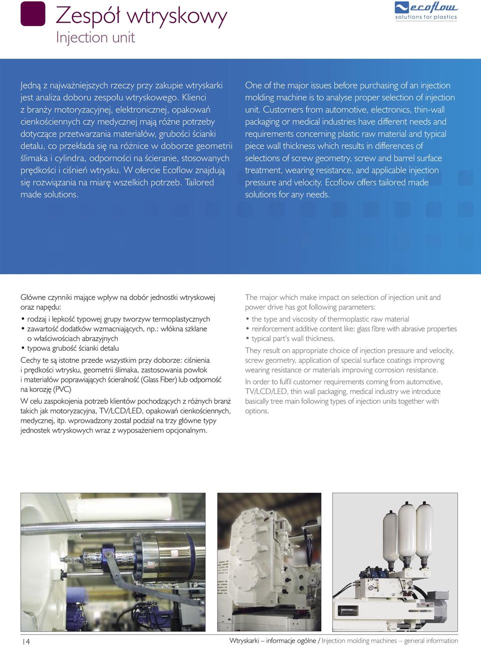 doborze geometrii Êlimaka i cylindra, odpornoêci na Êcieranie, stosowanych pr dkoêci i ciênieƒ wtrysku. W ofercie Ecoflow znajdujà si rozwiàzania na miar wszelkich potrzeb. Tailored made solutions.