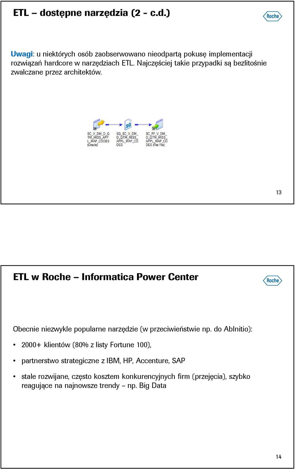 13 ETL w Roche Informatica Power Center Obecnie niezwykle popularne narzędzie (w przeciwieństwie np.