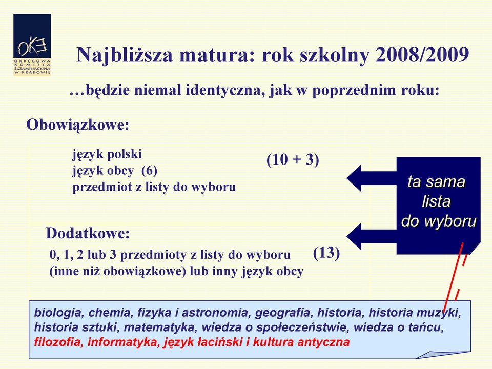 lub inny język obcy (13) ta sama lista do wyboru biologia, chemia, fizyka i astronomia, geografia, historia, historia