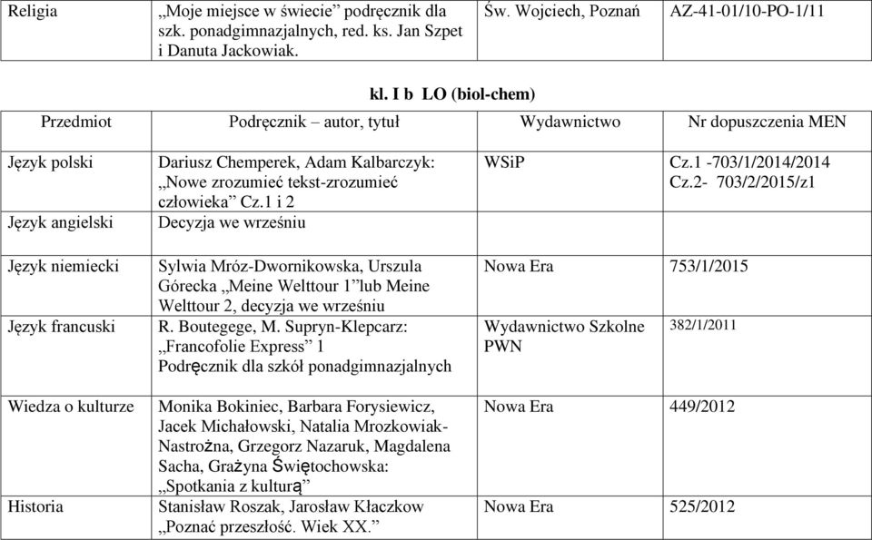 zrozumieć tekst-zrozumieć człowieka Cz.1 i 2 Decyzja we wrześniu Sylwia Mróz-Dwornikowska, Urszula Górecka Meine Welttour 1 lub Meine Welttour 2, decyzja we wrześniu R. Boutegege, M.
