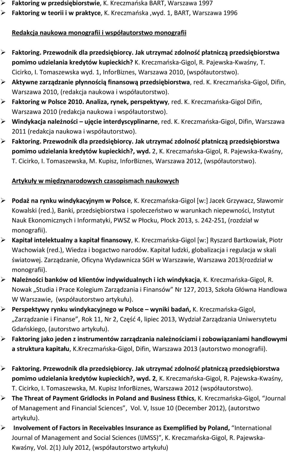 1, InforBiznes, Warszawa 2010, (współautorstwo). Aktywne zarządzanie płynnością finansową przedsiębiorstwa, red. K. Kreczmańska-Gigol, Difin, Warszawa 2010, (redakcja naukowa i współautorstwo).