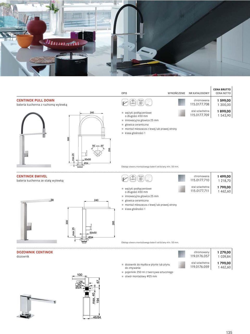 CENTINOX SWIVEL o długości 450 mm montaż mieszacza z lewej lub prawej strony 115.0177.710 stal szlachetna 115.0177.711 1 499,00 1 218,70 1 799,00 1 462,60 Odstęp otworu montażowego baterii od ściany min.