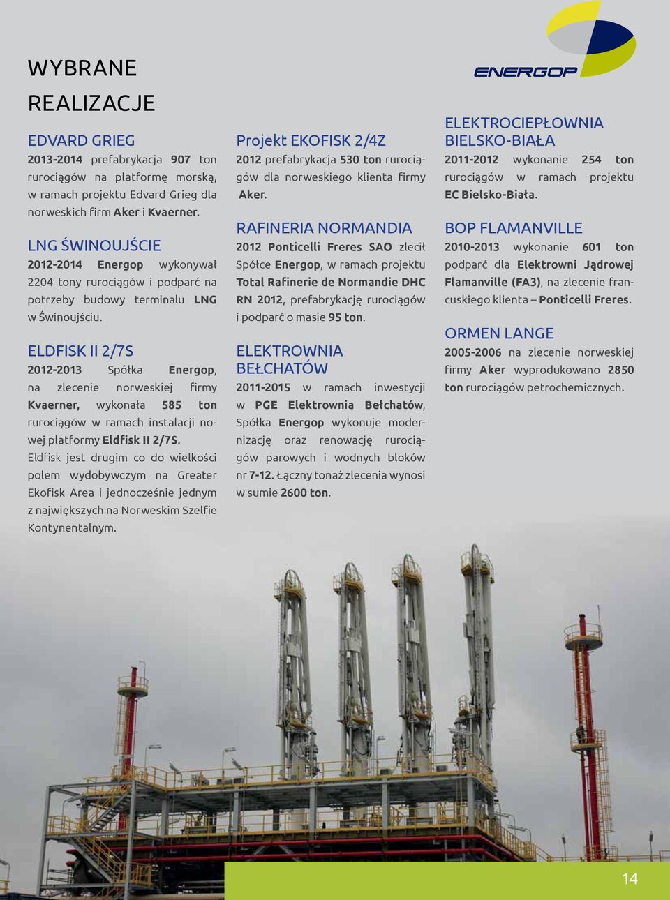 ELDFISK II 2/7S 2012-2013 Spółka Energop, na zlecenie norweskiej firmy Kvaerner, wykonała 585 ton rurociągów w ramach instalacji nowej platformy Eldfisk II 2/7S.