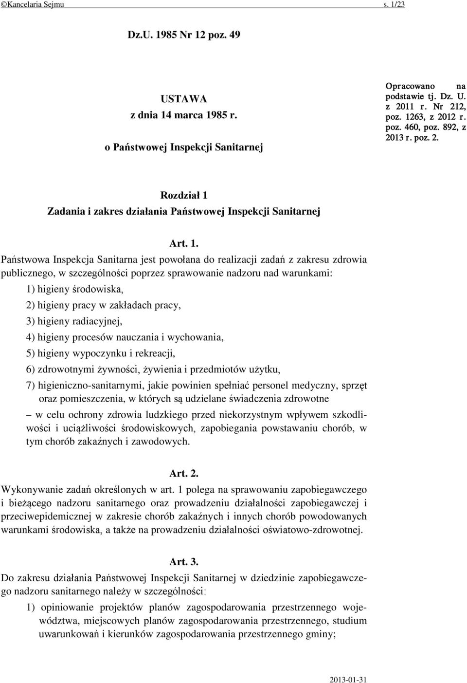 Zadania i zakres działania Państwowej Inspekcji Sanitarnej Art. 1.