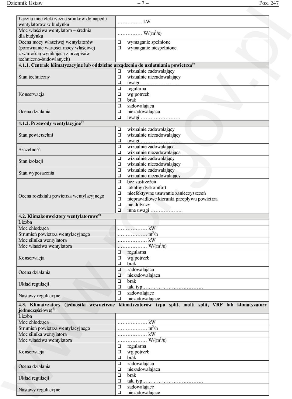 wartości mocy właściwej wymaganie niespełnione z wartością wynikającą z przepisów techniczno-budowlanych) 4.1.