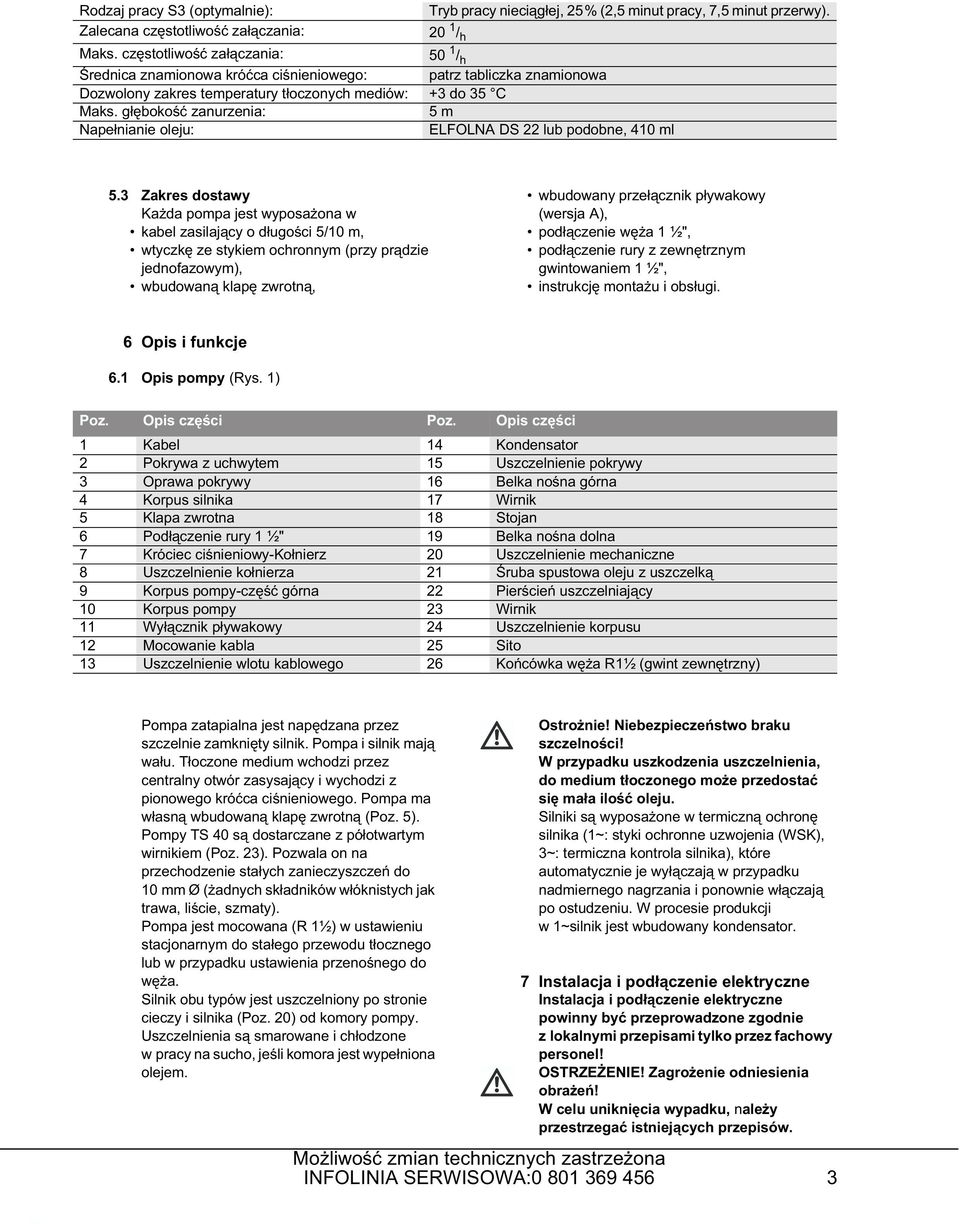 gboko zanurzenia: 5 m Napenianie oleju: ELFOLNA DS 22 lub podobne, 410 ml 5.